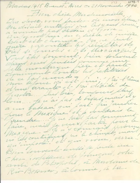 [Carta] 1944 nov. 21, Buenos Aires, [Argentina] [a] [Gabriela Mistral]  [manuscrito] [Renée-Jeanne] Falconetti.
