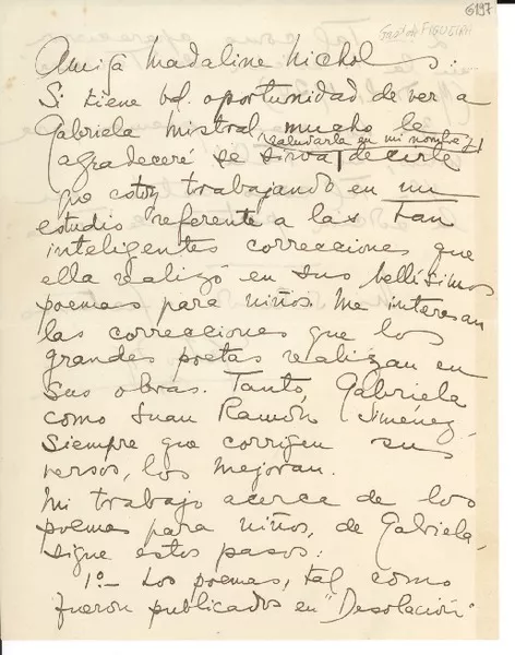 [Carta] [a] Gabriela Mistral  [manuscrito] Gastón Figueira.