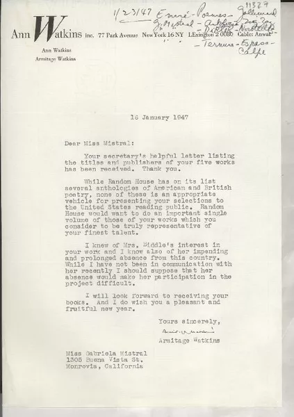 [Carta] 1947 Jan. 16, [New York, EE.UU.] [a] Gabriela Mistral, Monrovia, California  [manuscrito] Armitage Watkins.