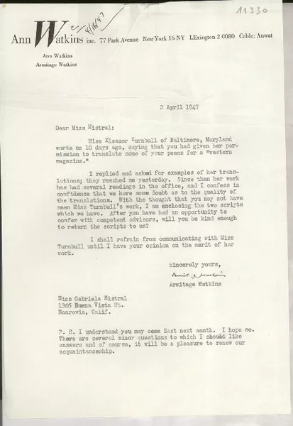 [Carta] 1947 Apr. 2, [New York, EE.UU.] [a] Gabriela Mistral, Monrovia, California  [manuscrito] Armitage Watkins.