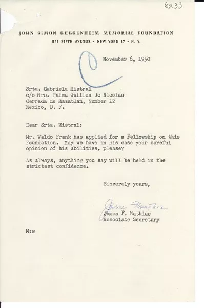 [Carta] 1950 Nov. 6, New York [a] Gabriela Mistral, México D.F.  [manuscrito] James F. Mathias.