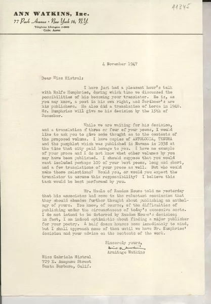 [Carta] 1947 Nov. 4, [New York, EE.UU.] [a] Gabriela Mistral, Santa Barbara, California  [manuscrito] Armitage Watkins.