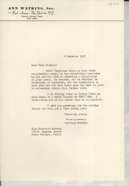[Carta] 1947 Dec. 9, [New York, EE.UU.] [a] Gabriela Mistral, Santa Barbara, California  [manuscrito] Armitage Watkins.
