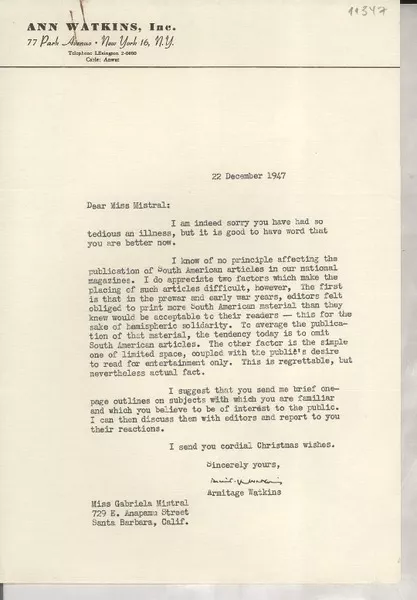 [Carta] 1947 Dec. 22, [New York, EE.UU.] [a] Gabriela Mistral, Santa Barbara, California  [manuscrito] Armitage Watkins.