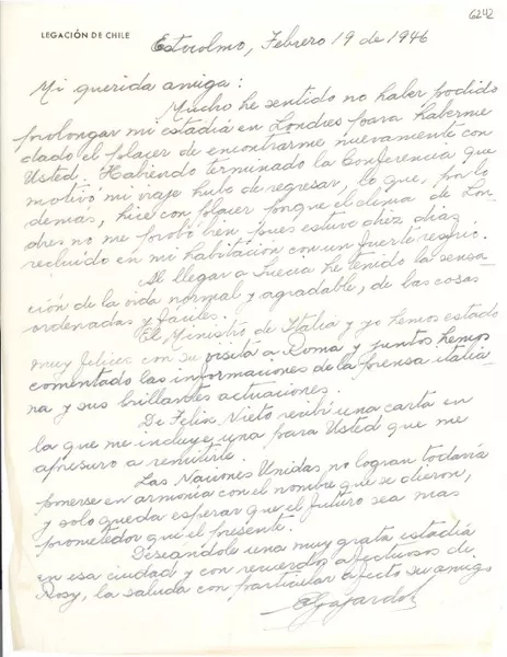 [Carta] 1946 feb. 19, Estocolmo [a] Gabriela Mistral  [manuscrito] E. Gajardo.