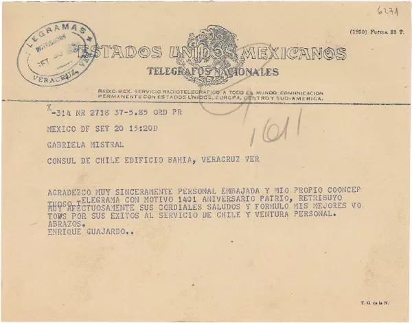 [Telegrama] 1950 sept. 20, México D.F. [a] Gabriela Mistral, Veracruz, [México]  [manuscrito] Enrique Guajardo [sic].