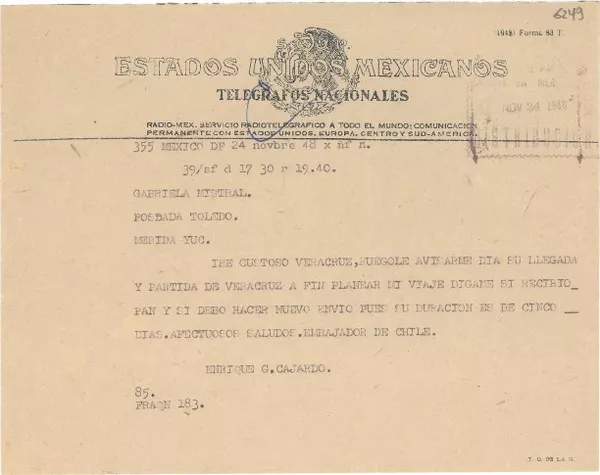 [Telegrama] 1948 nov. 24, México D.F. [a] Gabriela Mistral, Mérida, Yucatán  [manuscrito] Enrique Gajardo.