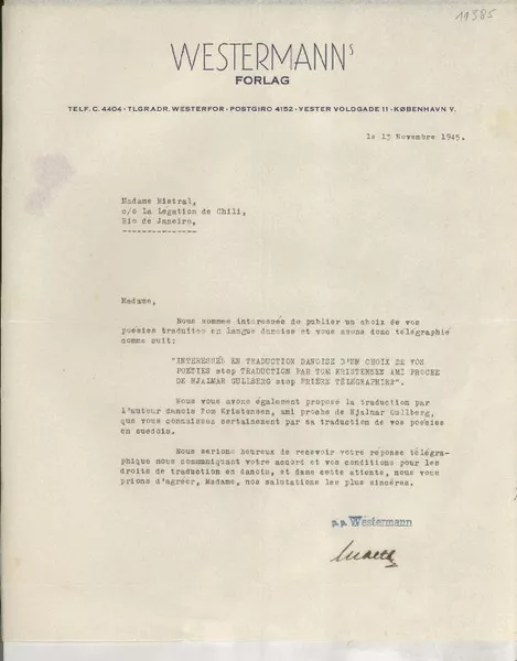 [Carta] 1945 nov. 13, [Copenhague], [Dinamarca] [a] [Gabriela] Mistral, Rio de Janeiro, [Brasil]  [manuscrito] Westermann.