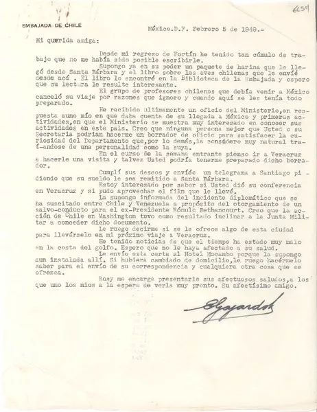 [Carta] 1949 feb. 5, México D. F. [a] Gabriela Mistral  [manuscrito] E. Gajardo.
