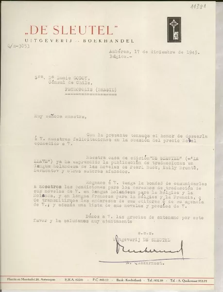 [Carta] 1945 dic. 17, Ambéres, Bélgica [a] Lucila Godoy, Petrópolis, Brasil  [manuscrito] A. Quakernaat.