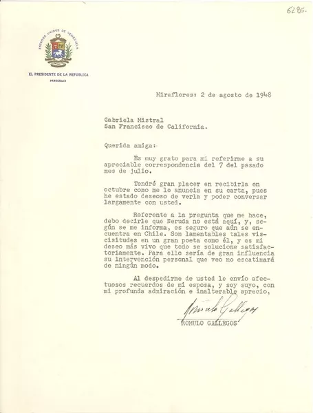 [Carta] 1948 ago. 2, Venezuela [a] Gabriela Mistral, San Francisco, California  [manuscrito] Rómulo Gallegos.