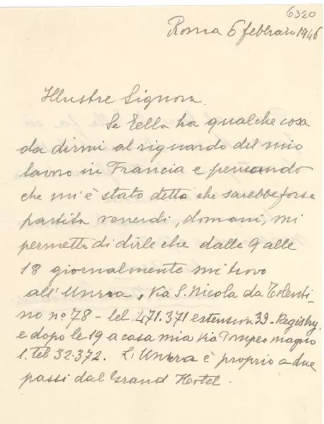 [Carta] 1946 febbr. 6, Roma, [Italia] [a] [Gabriela Mistral]  [manuscrito] Annita Italia Garibaldi.