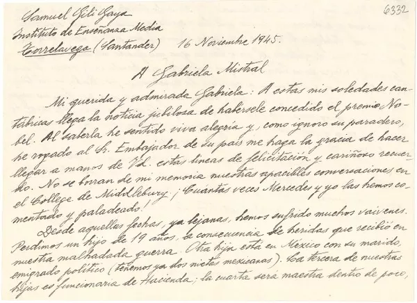 [Telegrama] 1945 nov. 17, New York, [EE.UU.] [a] Gabriela Mistral, Petrópolis, RJ, [Brasil]  [manuscrito] Virginia C. Gildersleeve.