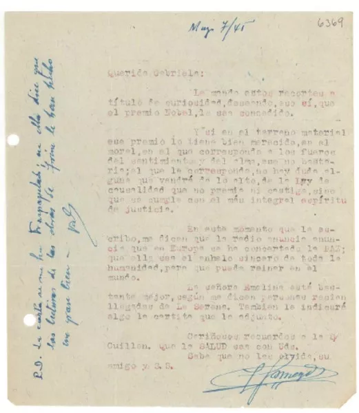 [Carta] 1944 ene. 1, Santiago, [Chile] [a] Gabriela [Mistral], Petrópolis, [Brasil]  [manuscrito] Z[acarías] Gómez D.