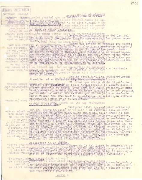 [Carta] 1944 ene. 3, Santiago [a] Gabriela Mistral, Petrópolis, Brasil  [manuscrito] Zacarías Gómez.