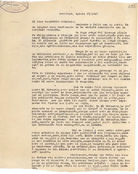 [Carta] 1947 ago. 27, Santiago [a] Gabriela Mistral  [manuscrito] Zacarías Gómez.