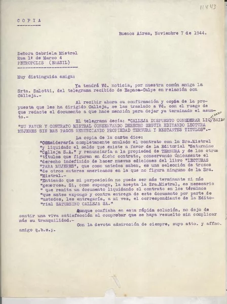 [Carta] 1944 nov. 7, Buenos Aires, [Argentina] [a] Señora Gabriela Mistral, Rua 1 de Marco 4, Petrópolis, (Brasil)  [manuscrito] Un amigo.