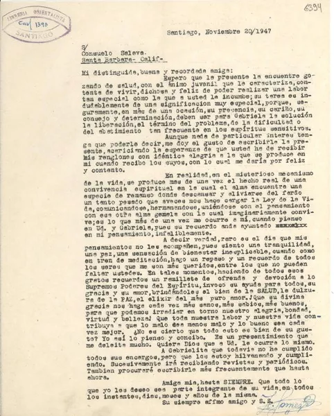 [Carta] 1947 nov. 20, Santiago [a] Consuelo Saleva, Santa Bárbara  [manuscrito] Zacarías Gómez.