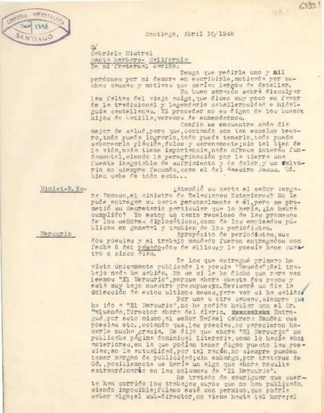 [Carta] 1948 abr. 10, Santiago [a] Gabriela Mistral, Santa Bárbara  [manuscrito] Zacarías Gómez.