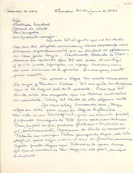[Carta] 1946 jun. 30, Londres, [Inglaterra] [a] Gabriela Mistral, Cónsul de Chile en Los Angeles, [EE.UU.]  [manuscrito] Higinio González Nolle.