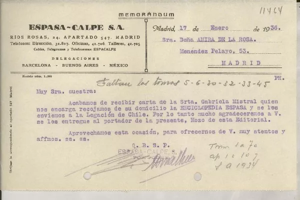 Memorándum 1936 ene. 17, Madrid, [España] [a] Sra. Doña Amira de la Rosa, Madrid  [manuscrito] Espasa Calpe S. A.