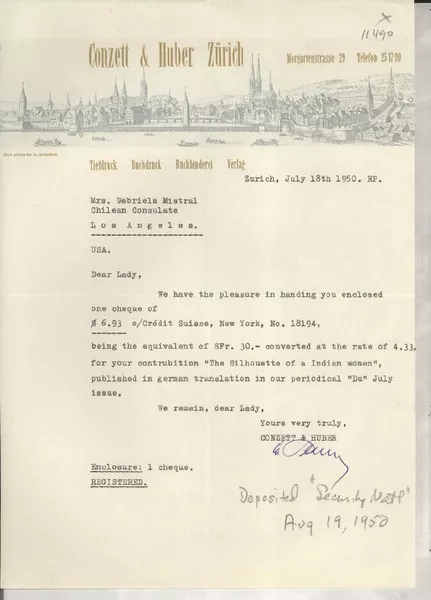 [Carta] 1950 July 18, Zürich, [Switzerland] [a] Mrs. Gabriela Mistral, Chilean Consulate, Los Angeles, EE.UU.  [manuscrito] Conzett & Huber.