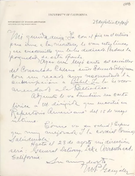 [Carta] 1948 jul. 28, Los Ángeles, California [a] Gabriela Mistral  [manuscrito] Manuel Pedro González.