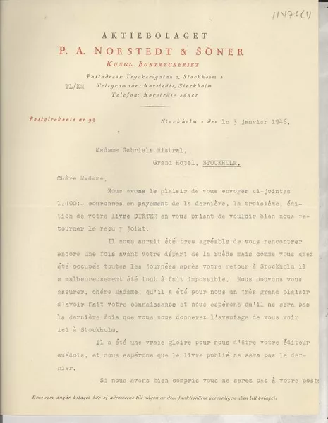 [Carta] 1946 janv. 3, Stockholm, [Suecia] [a] Madame Gabriela Mistral, Grand Hotel, Stockholm  [manuscrito] J. Nordenfalk.
