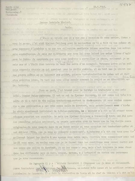 [Carta] 1946 janv. 22, Stockholm, [Suecia] [a] Senora Gabriela Mistral, Paris  [manuscrito] Karin Alin.