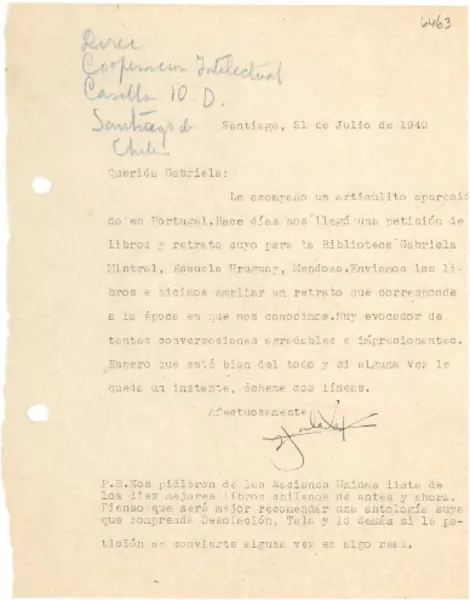 [Carta] 1949 jul. 21, Santiago, [Chile] [a] Gabriela [Mistral]  [manuscrito] [José Santos González Vera].