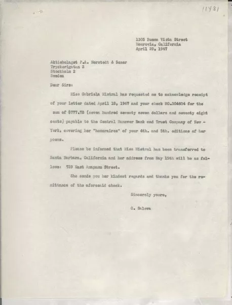 [Carta] 1947 Apr. 29, Monrovia, California [a] Aktiebolaget P. A. Norstedt & Soner, Stockholm, Sweden  [manuscrito] C. Saleva.