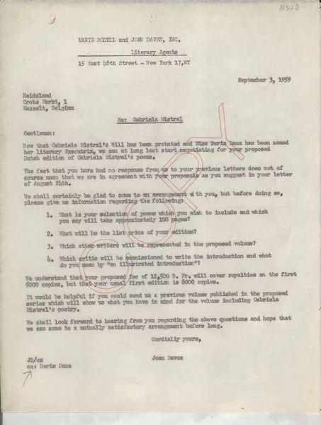 [Carta] 1959 Sept. 3, New York, [EE.UU.] [a] Heideland, Hasselt, Belgium  [manuscrito] Joan Daves.
