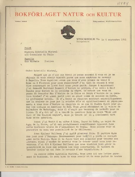 [Carta] 1951 sept. 5, Stockholm, [Suecia] [a] Signora Gabriella Mistral co Consulato di Chile, Rapallo, San Michele, Italien  [manuscrito]