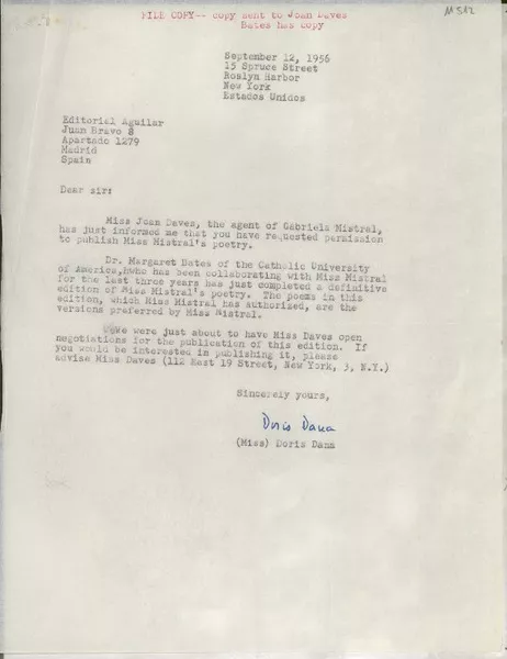 [Carta] 1956 Sept. 12, Roslyn Harbor, New York, Estados Unidos [a la] Editorial Aguilar, Madrid, Spain  [manuscrito] Doris Dana.