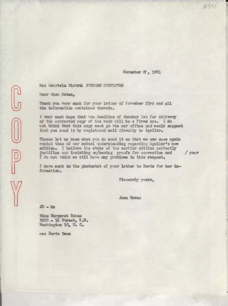 [Carta] 1961 Nov. 27, [EE.UU.] [a] Miss Margaret Bates, Washington, D.C., [EE.UU.]  [manuscrito] Joan Daves.