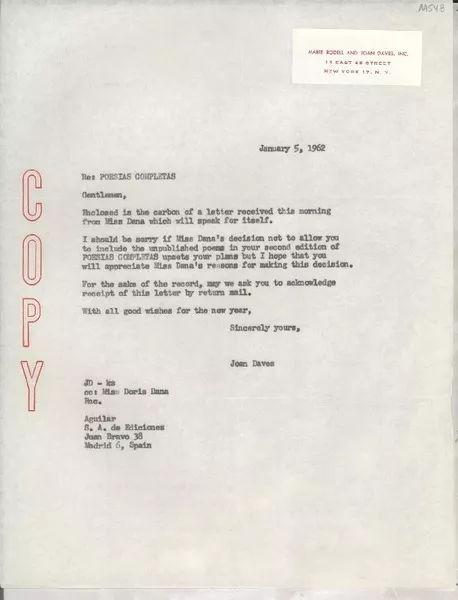 [Carta] 1962 Jan. 5, New York, [EE.UU.] [a] Aguilar S. A. de Ediciones, Madrid, Spain  [manuscrito] Joan Daves.