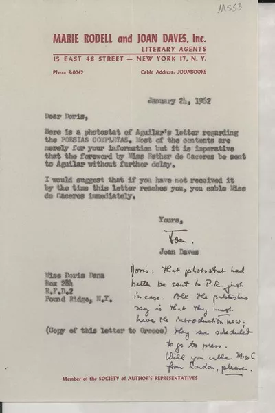 [Carta] 1962 Jan. 24, New York, [EE.UU.] [a] Miss Doris Dana, Pound Ridge, N.Y., [EE.UU.]  [manuscrito] Joan Daves.