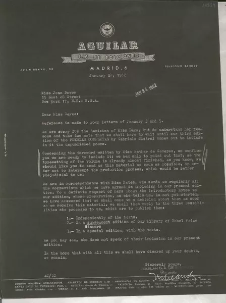 [Carta] 1962 Jan. 20, Madrid, [Spain] [a] Miss Joan Daves, New York, [EE.UU.]  [manuscrito] Aguilar S. A. de Ediciones.