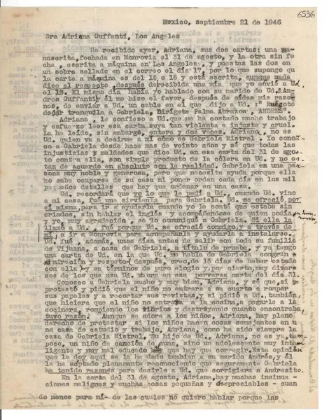 [Carta] 1946 sept. 21, México [a] Adriana Guffanti, Los Ángeles  [manuscrito] Palma Guillén.