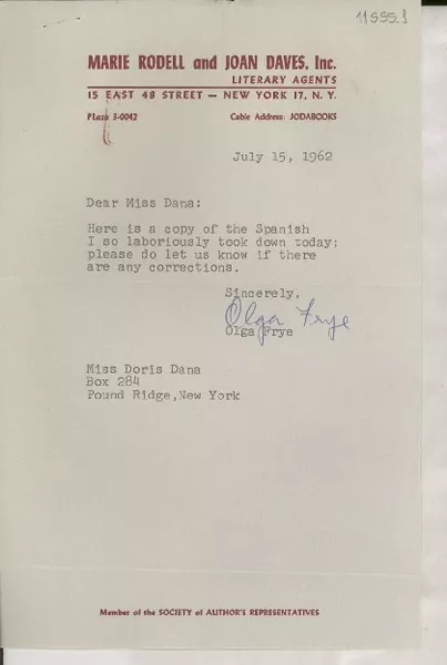 [Carta] 1962 July 15, [New York, Estados Unidos] [a] Miss Doris Dana, Box 284, Pound Ridge, New York  [manuscrito] Olga Frye.