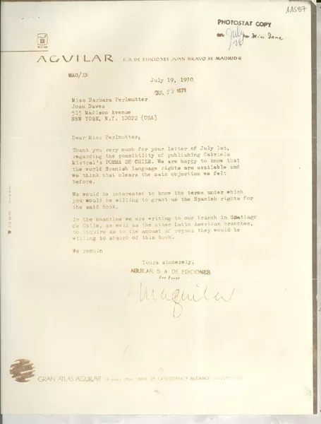 [Carta] 1970 July 19, Madrid, [Spain] [a] Miss Barbara Perlmutter, Joan Daves, New York, [EE.UU.]  [manuscrito] M. Aguilar.