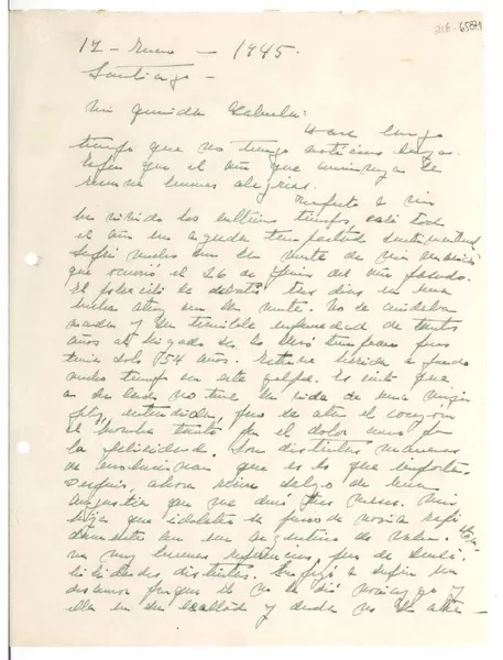 [Carta] 1945 ene. 17, Santiago, [Chile] [a] Gabriela [Mistral]  [manuscrito] Gabriela Huneeus.