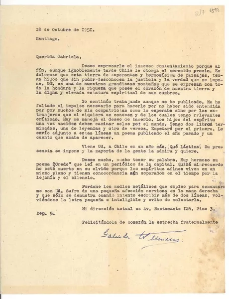 [Carta] 1947 feb. 2, Santiago, [Chile] [a] Gabriela [Mistral]  [manuscrito] Gabriela Huneeus.
