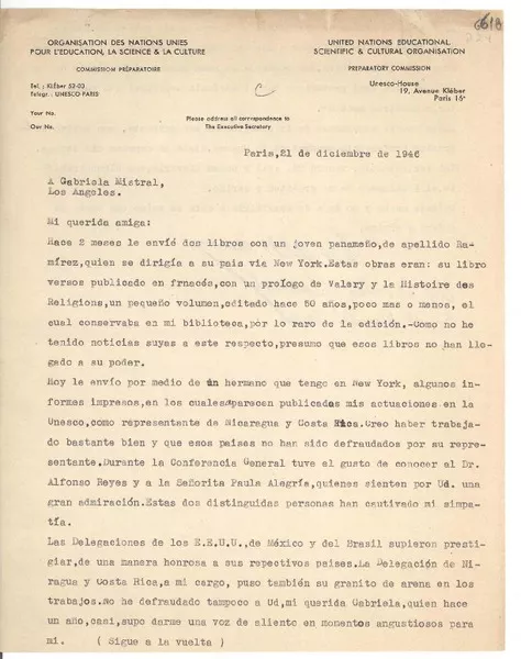 [Carta] 1946 dic. 21, París [a] Gabriela Mistral, Los Ángeles  [manuscrito] Luis Ibarra.