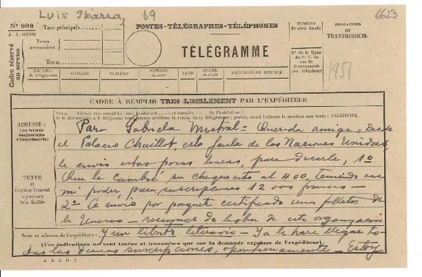 [Carta] 1951, París [a] Gabriela Mistral  [manuscrito] Ibarra.