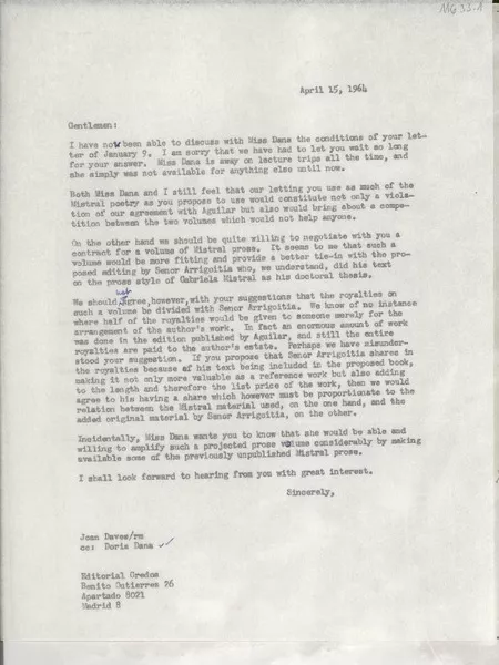 [Carta] 1964 Apr. 15, [EE.UU.] [a] Editorial Gredos, Madrid, [Spain]  [manuscrito] Joan Daves.