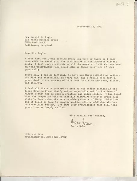 [Carta] 1971 Sept. 12, Hildreth Lane, Bridgehampton, New York, [Estados Unidos] [a] Mr. Harold E. ingle, The Johns Hopkins Press, 5820 York Road, Baltimore, Maryland  [manuscrito] Doris Dana.