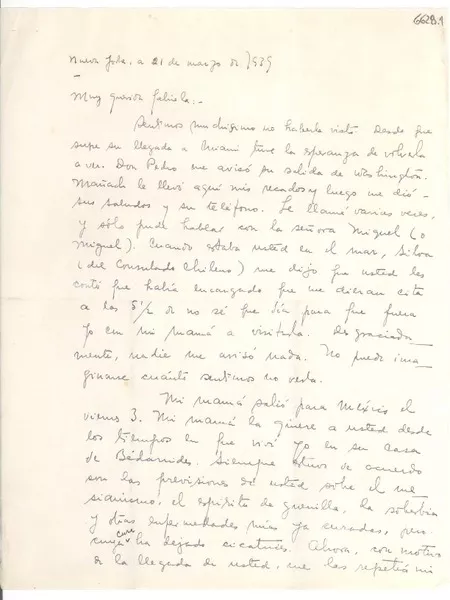[Carta] 1939 mar. 21, Nueva York [a] Gabriela Mistral  [manuscrito] Andrés Iduarte.