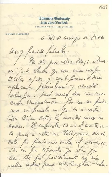 [Carta] 1946 mar. 21, New York [a] Gabriela Mistral  [manuscrito] Andrés Iduarte.