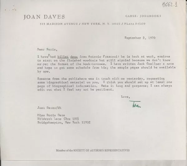 [Carta] 1970 Sept. 2, [New York, Estados Unidos] [a] Miss Doris Dana, Hildreth Lane, Box 188, Bridgehampton, New York  [manuscrito] Joan Daves.
